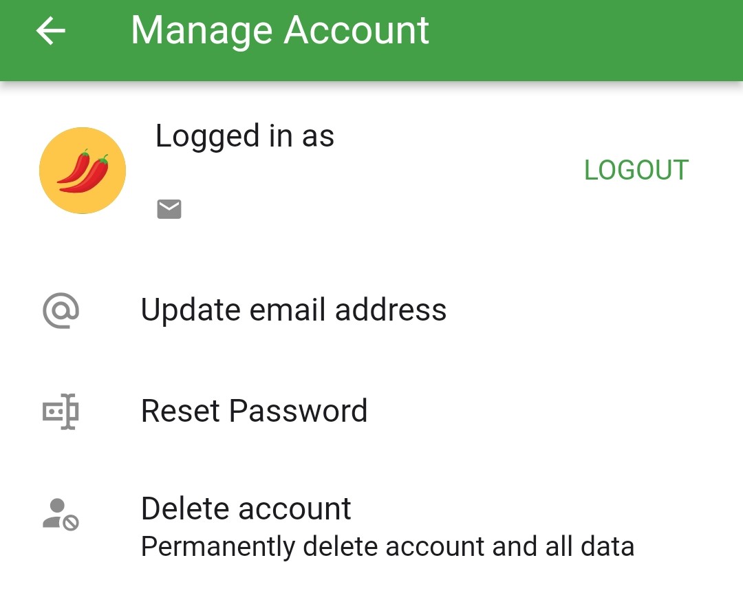 Screenshot of the Delete account option in Manage menu