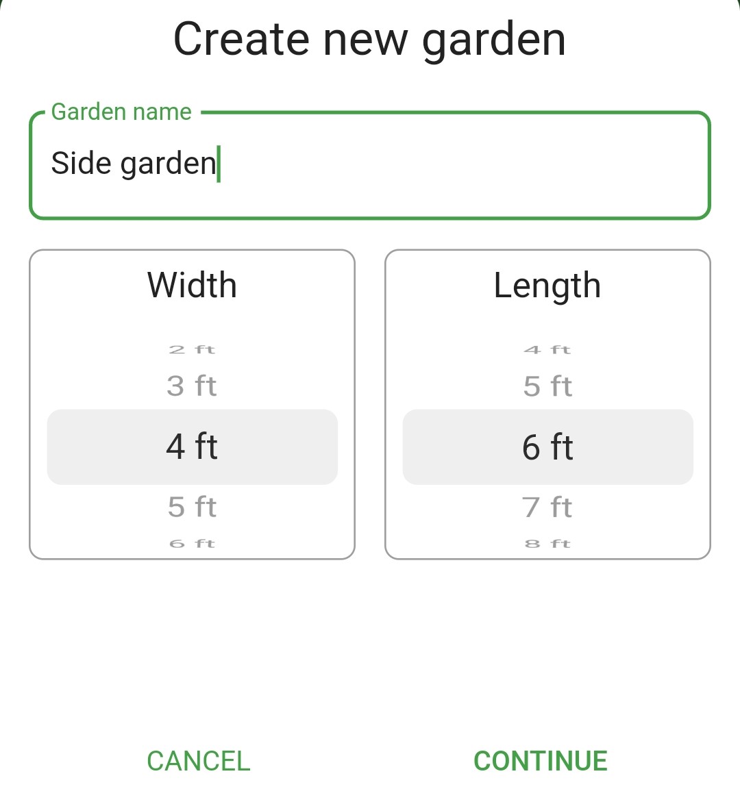 Screenshot of the new garden setup screen