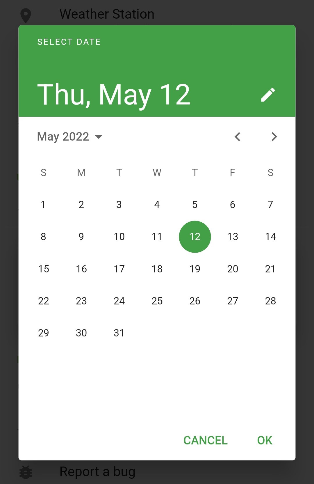 Screenshot of the frost date selector