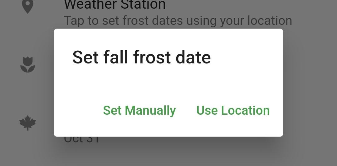 Screenshot of the set fall frost date window