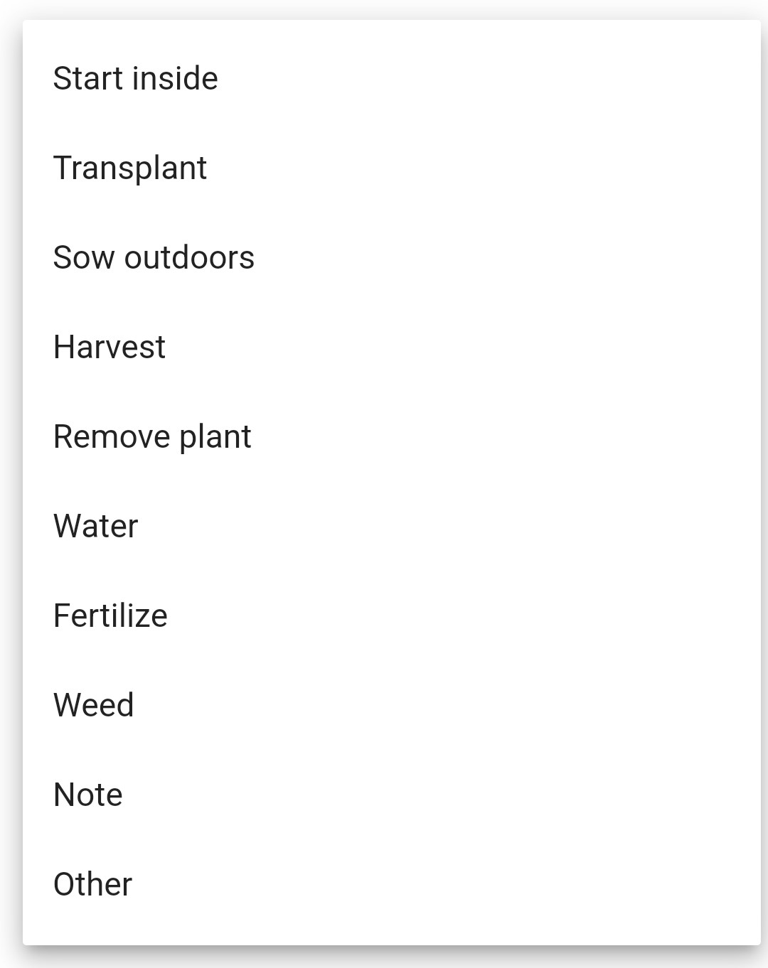 Screenshot of the Event Type dropdown menu options