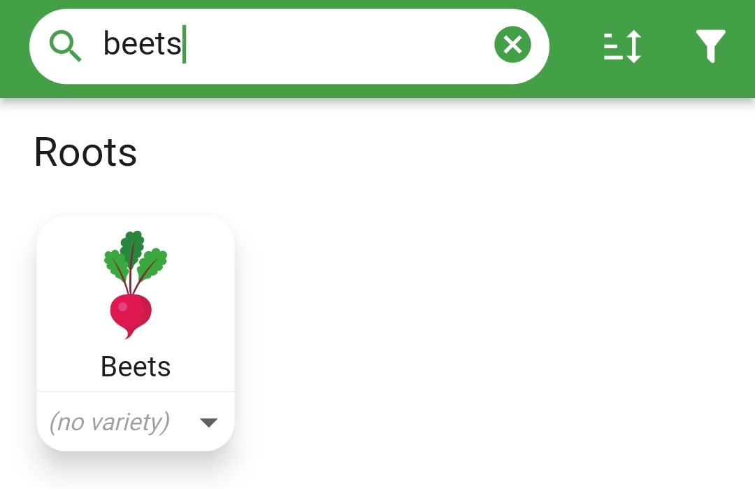 Screenshot of a plant search for beets