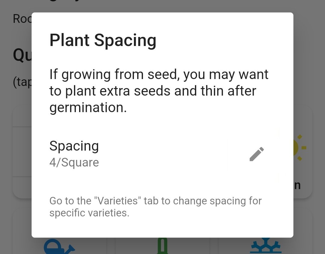 Screenshot of the edit plant spacing window