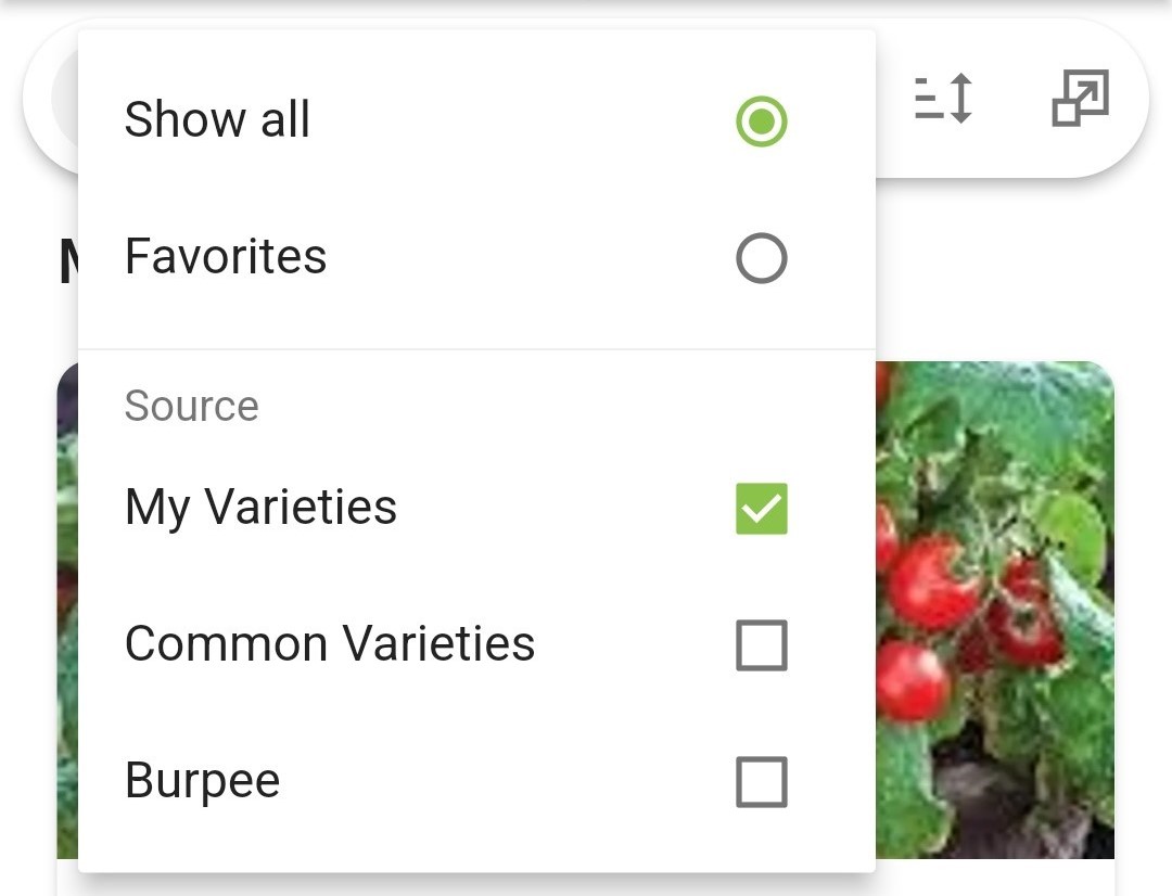 Screenshot of the varieties filter with My Varieties selected