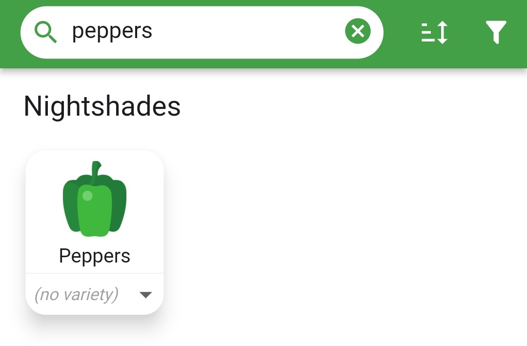 Screenshot of a plant search for peppers