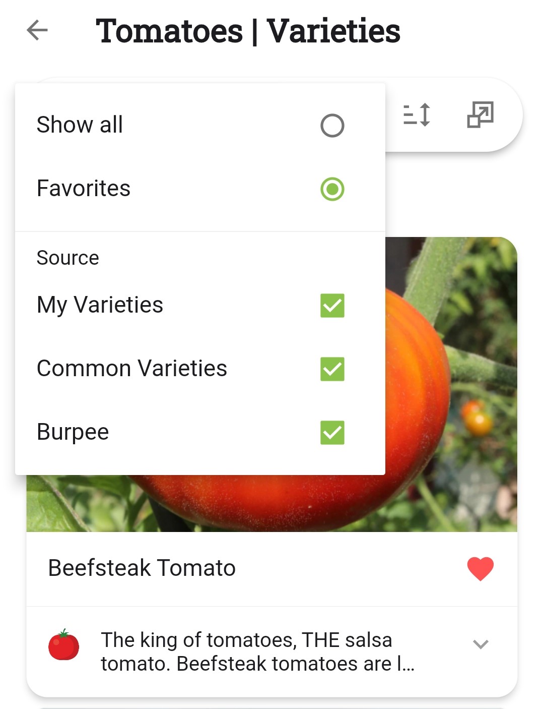 Screenshot of the variety filter with Favorites selected
