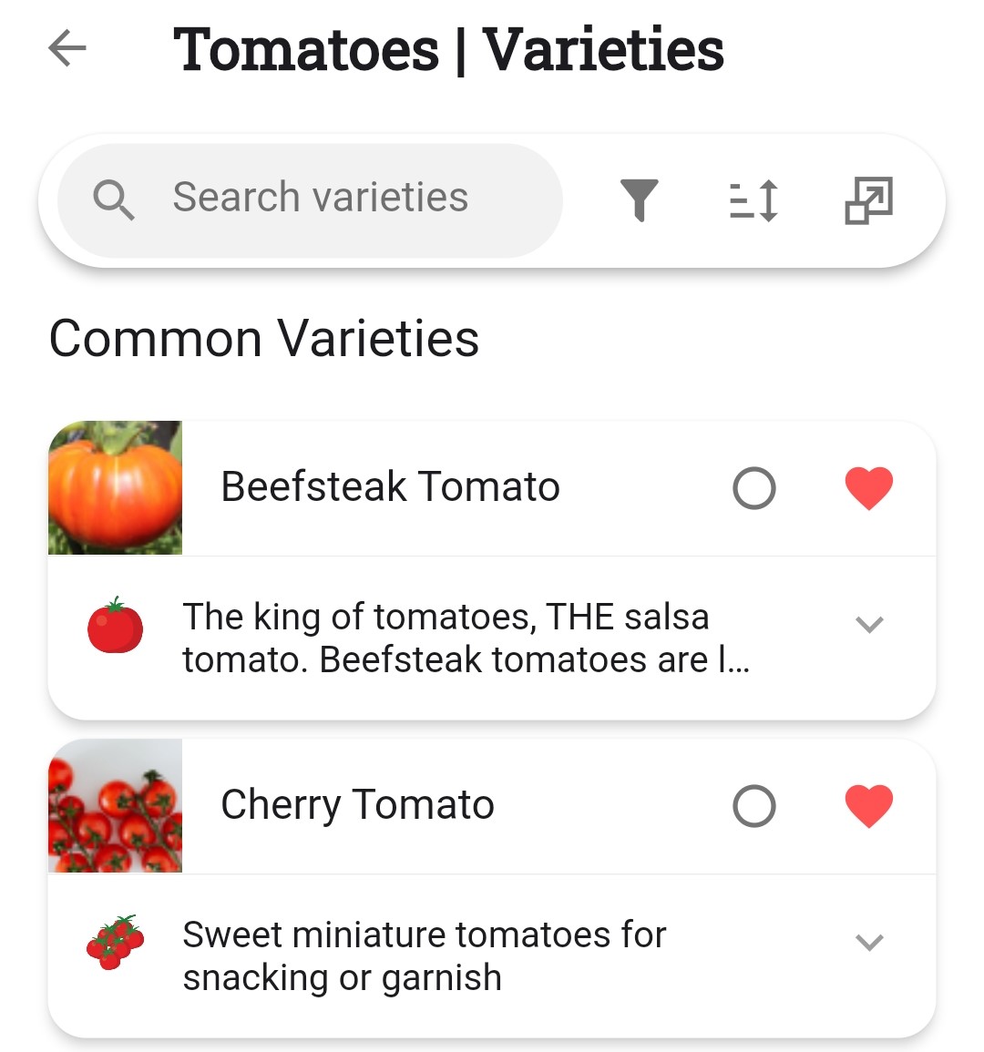 Screenshot of the heart icon and the default icon for varieties