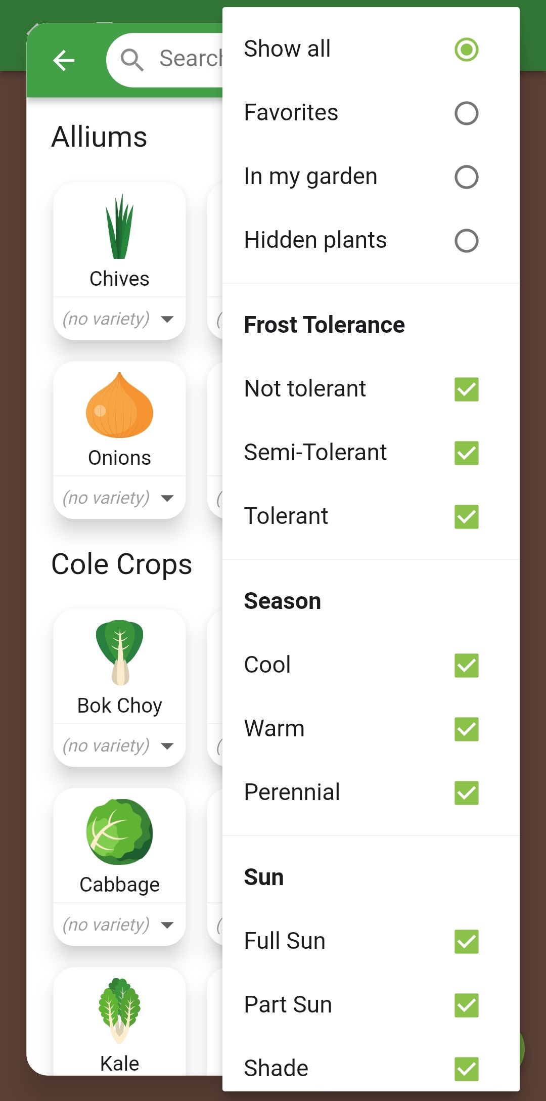 Screenshot of plant filter options