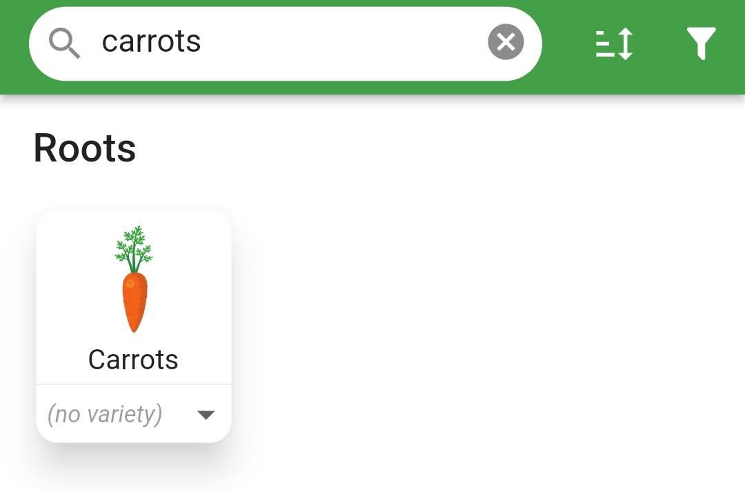 Screenshot of plant search for carrots