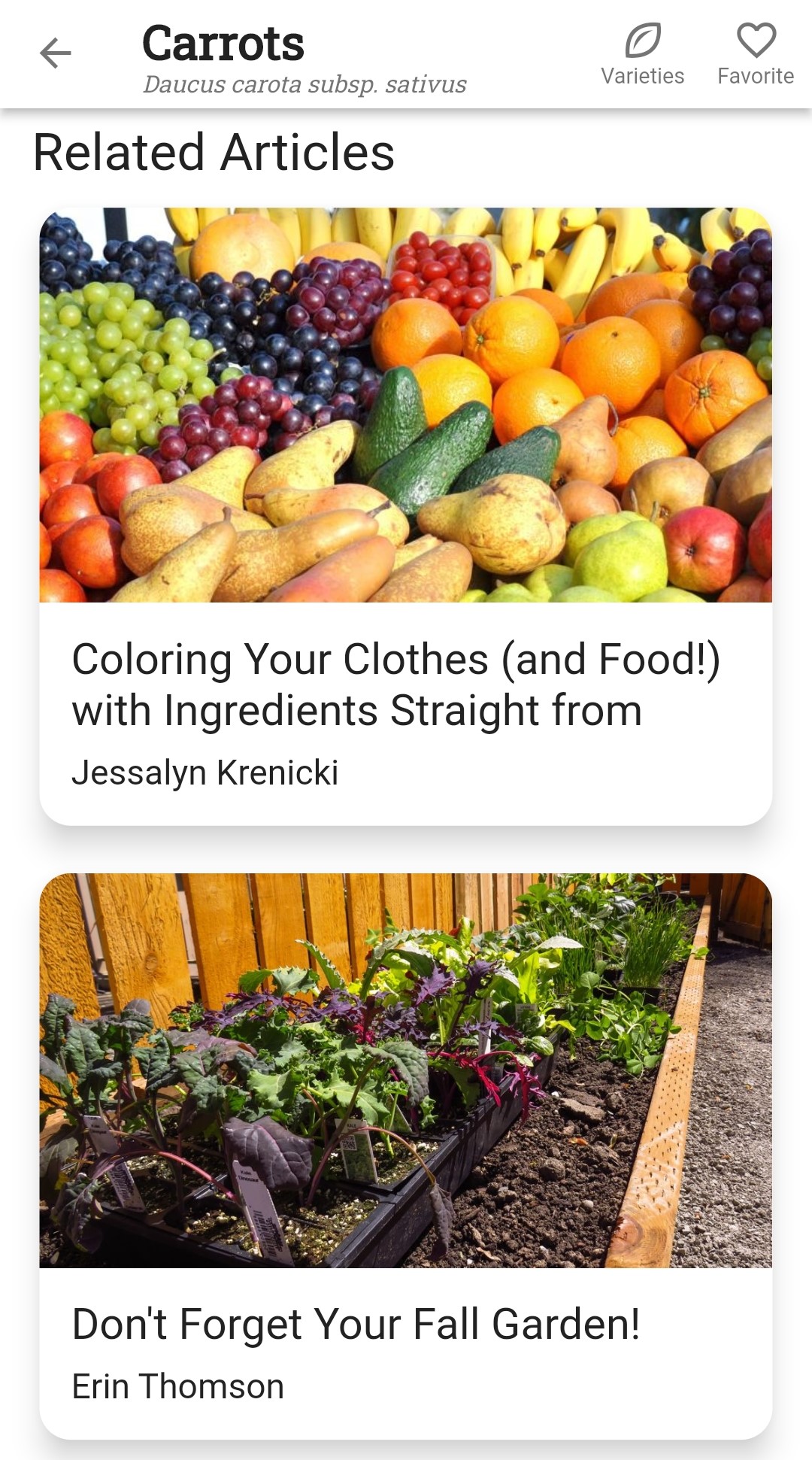 Screenshot Growing Guide articles related to carrots
