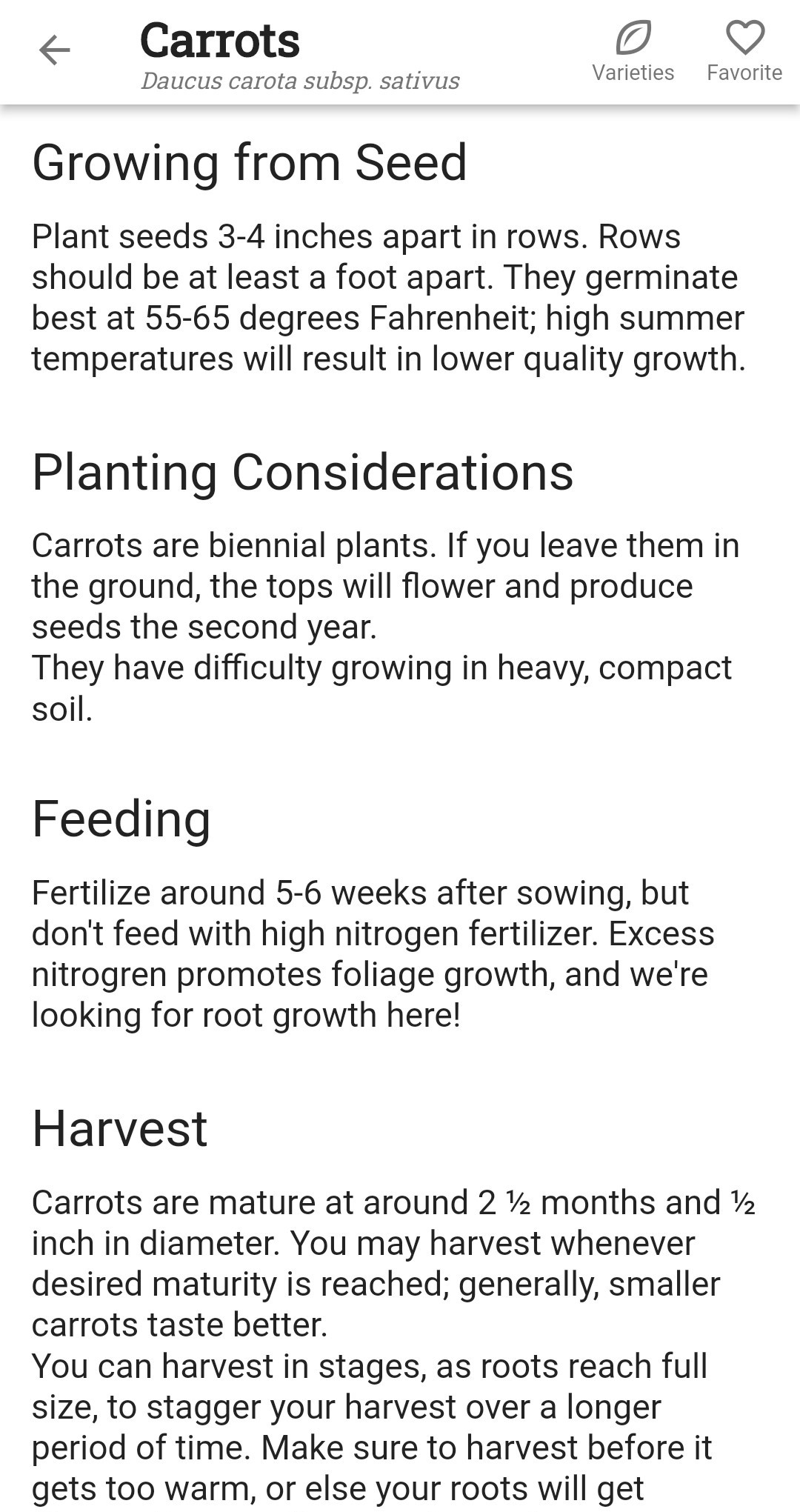 Screenshot of Growing, Planting, Feeding, and Harvest information for carrots