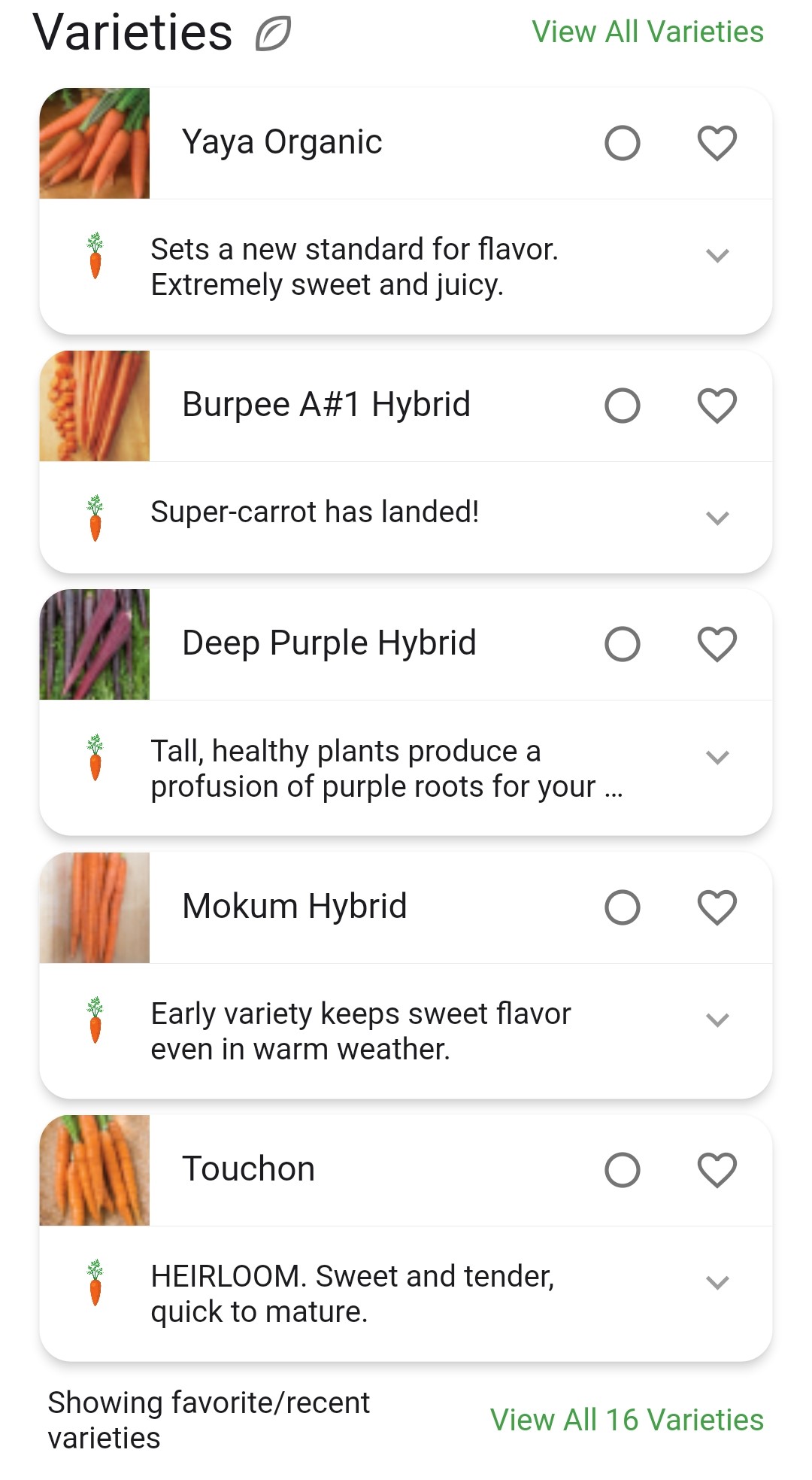 Screenshot of the carrot varieties list