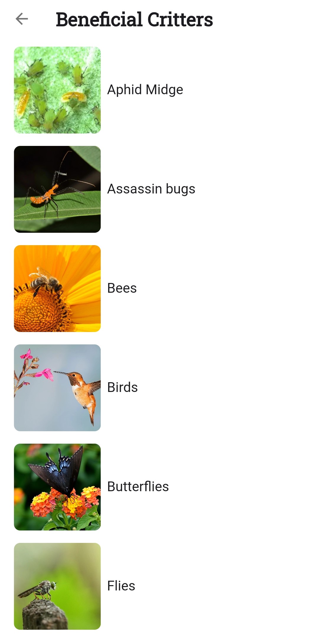 Screenshot of the list of beneficial critters