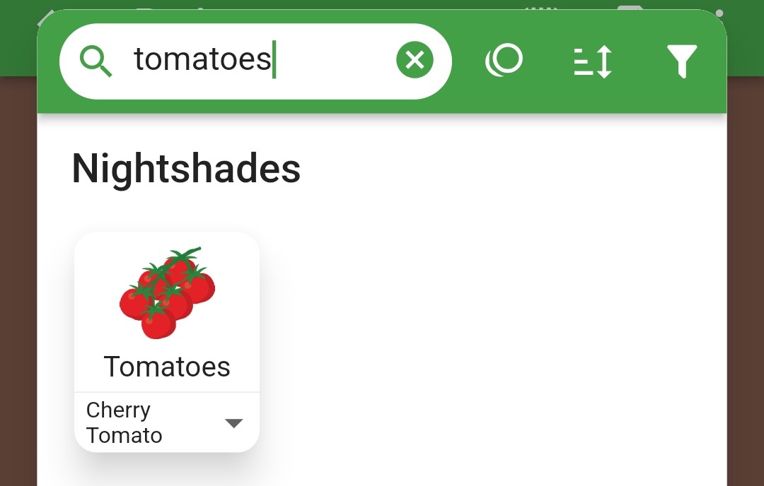 Screenshot of the variety dropdown arrow underneath tomatoes