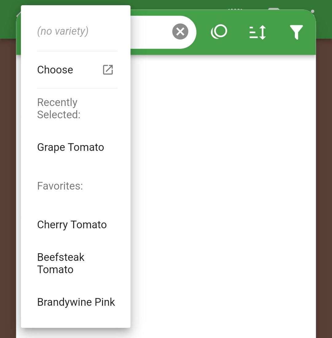 Screenshot of a dropdown menu showing favorite and recently selected plant varieties