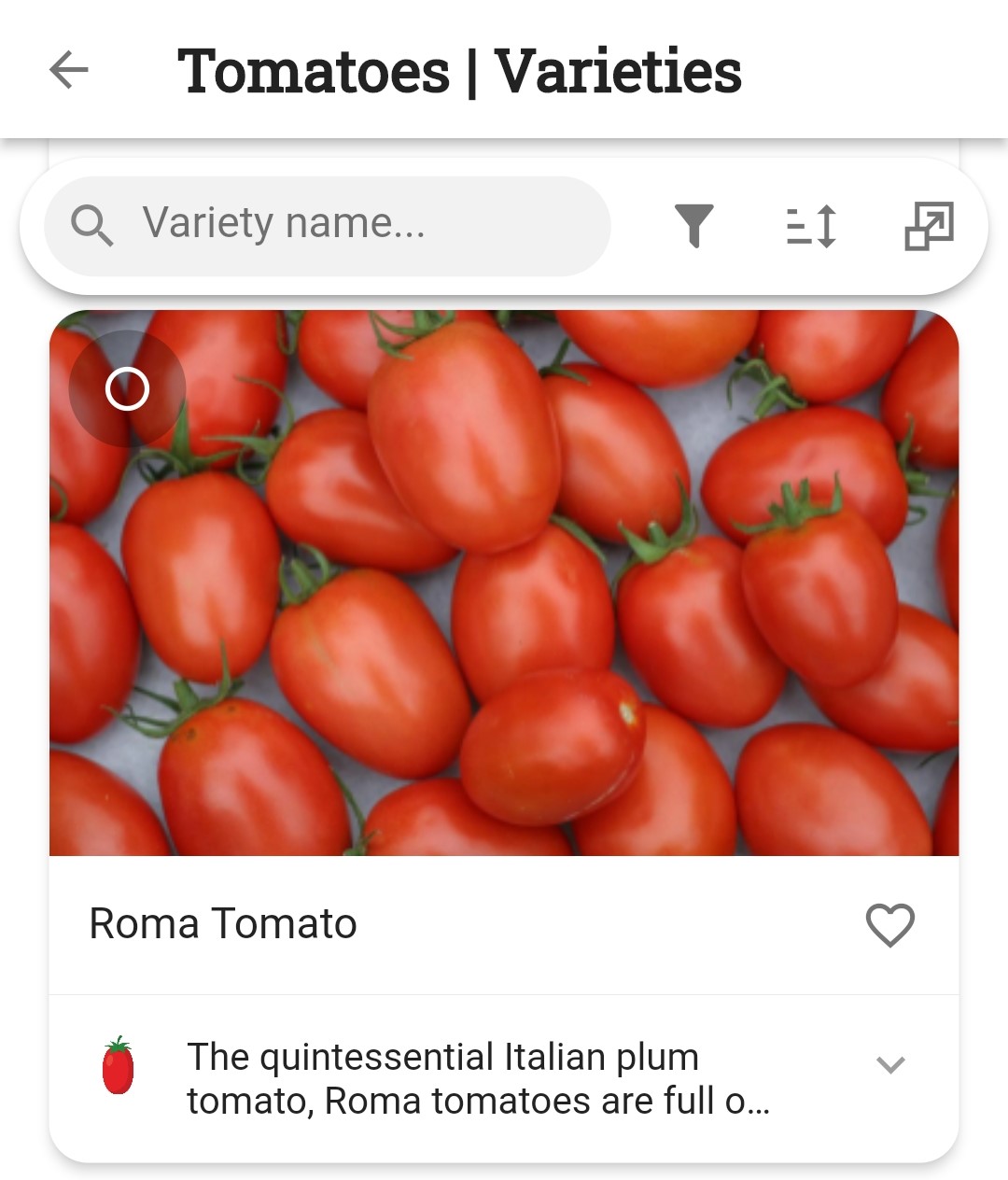 Screenshot showing Roma tomatoes as the selected variety