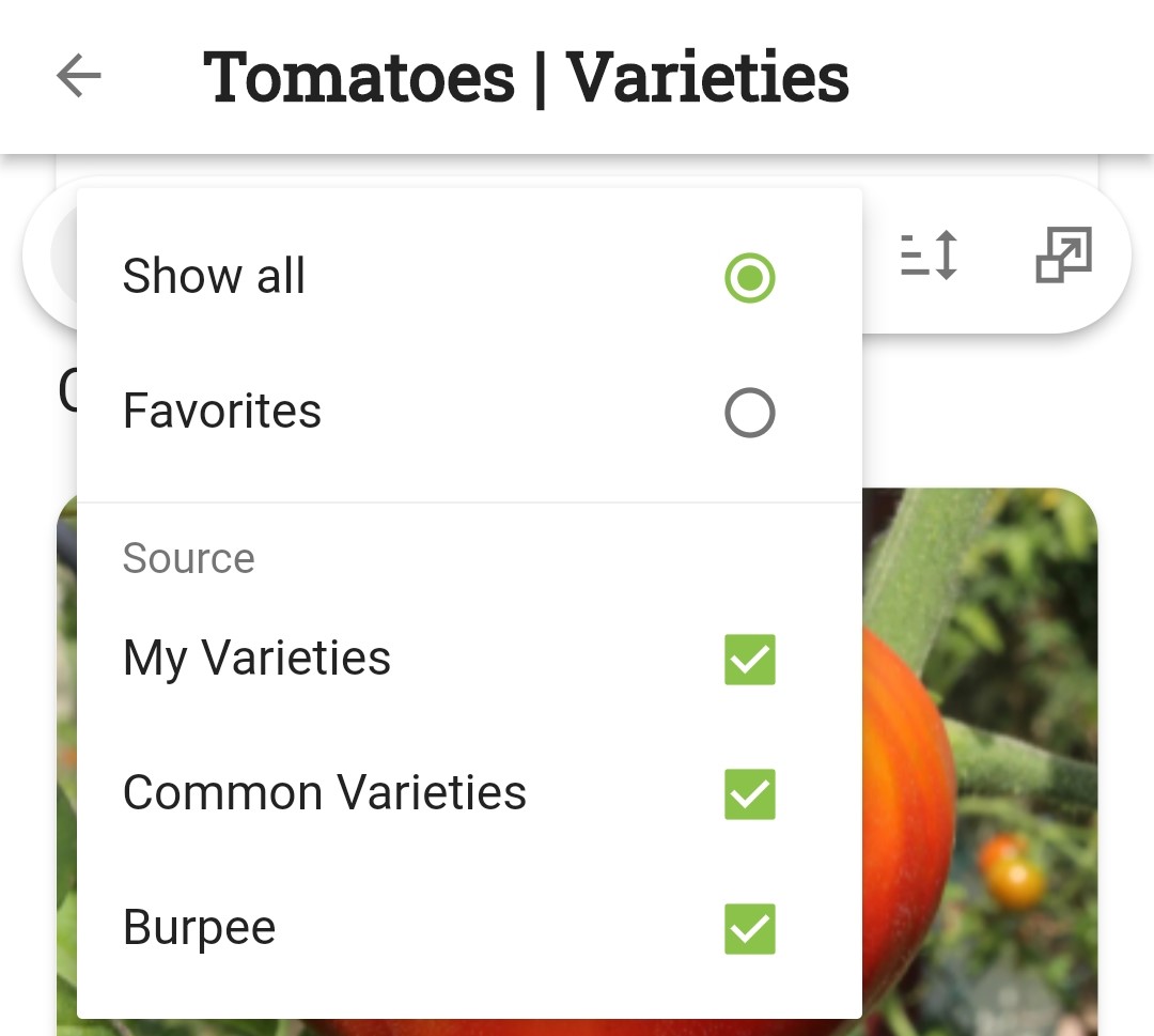 Screenshot of variety filter options