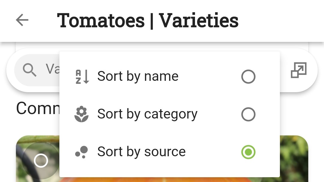 Screenshot of varieties sorting options