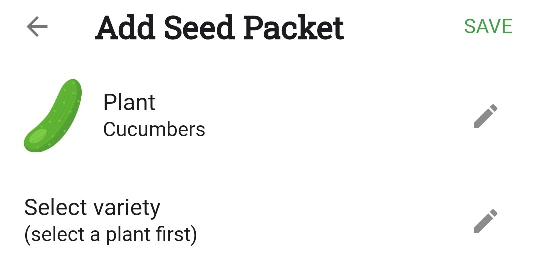 Screenshot of the Add Seed Packet screen with a plant already selected