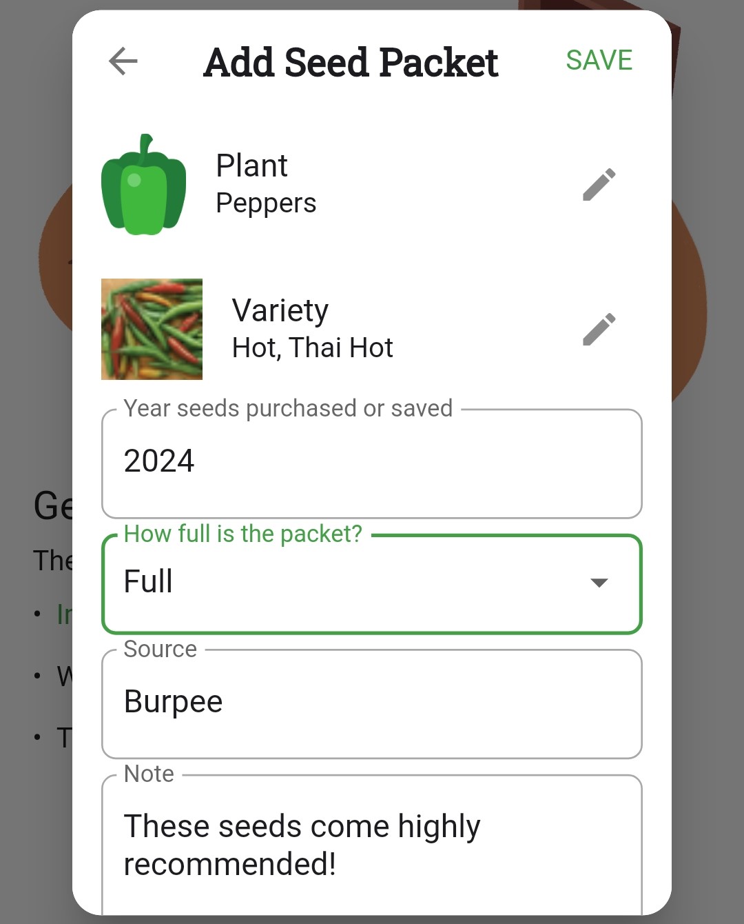 Screenshot of the editable seed packet information box