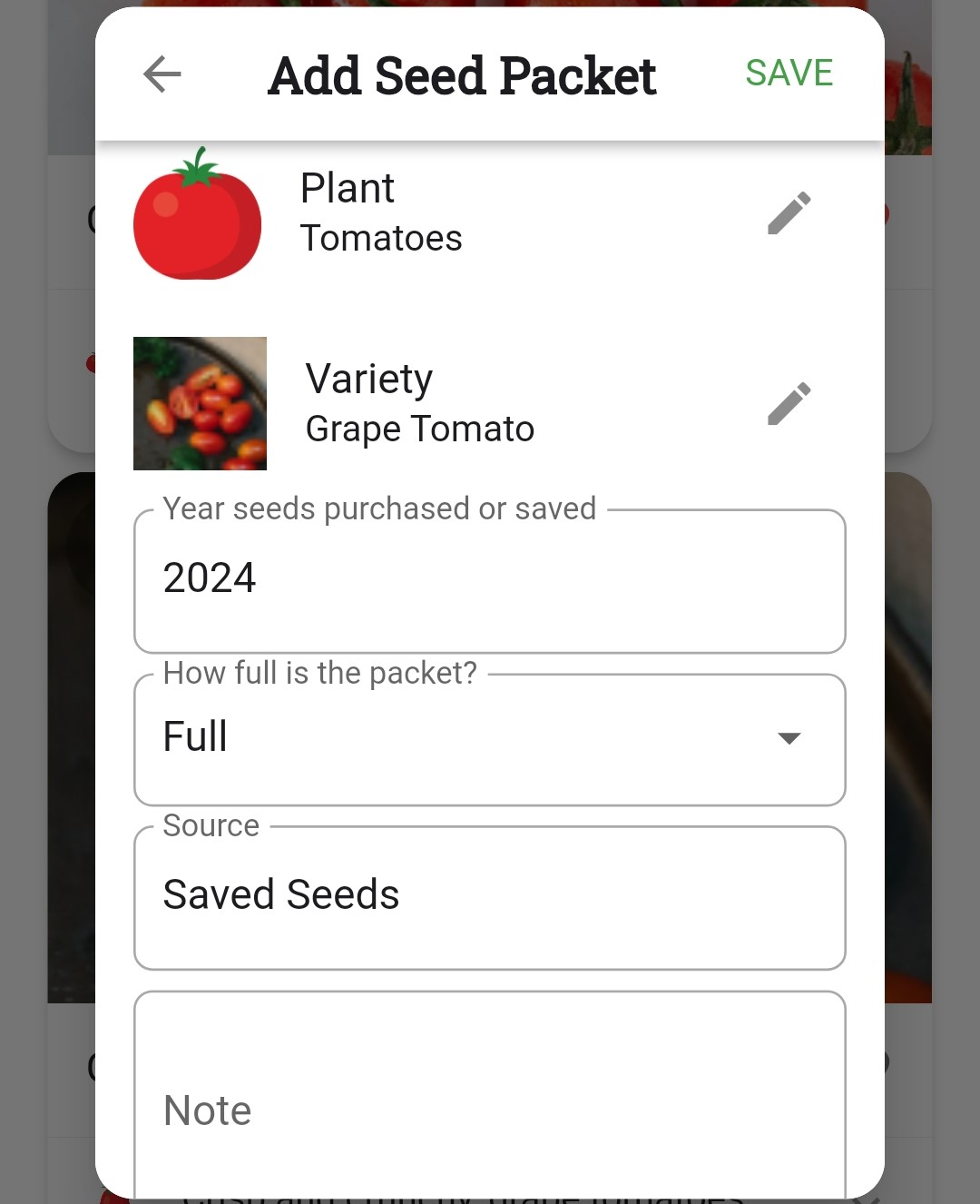 Screenshot of the editable seed packet information box