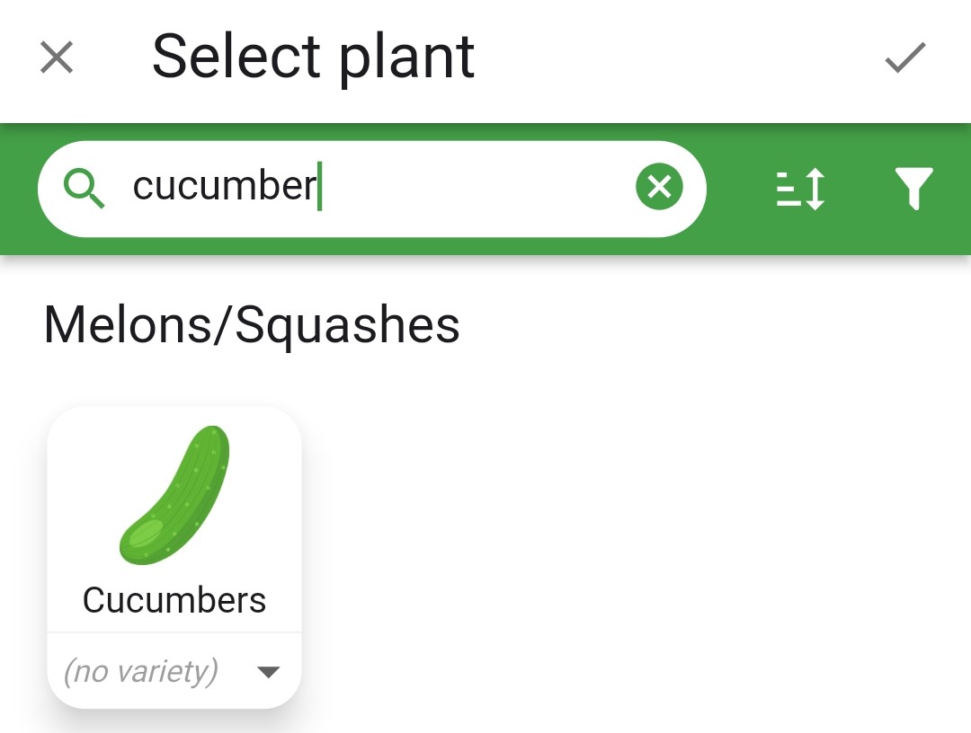 Screenshot of the plant search bar with cucumbers entered