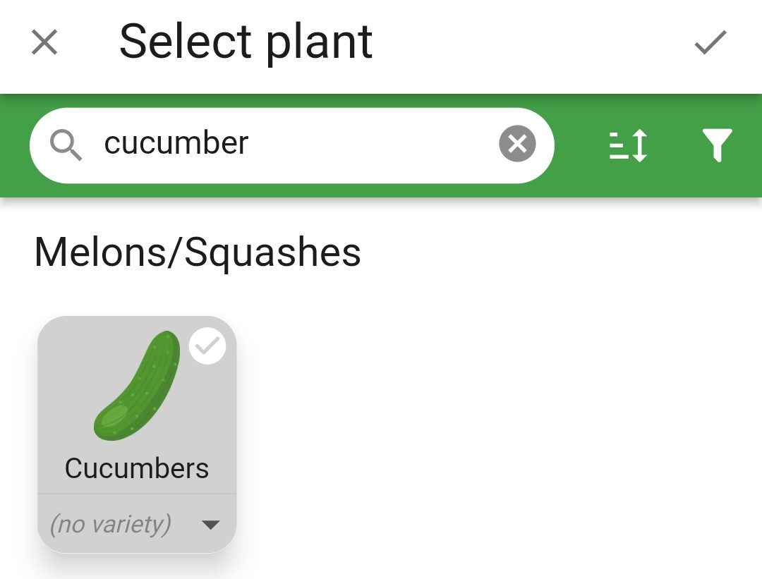 Screenshot of cucumbers as the selected plant