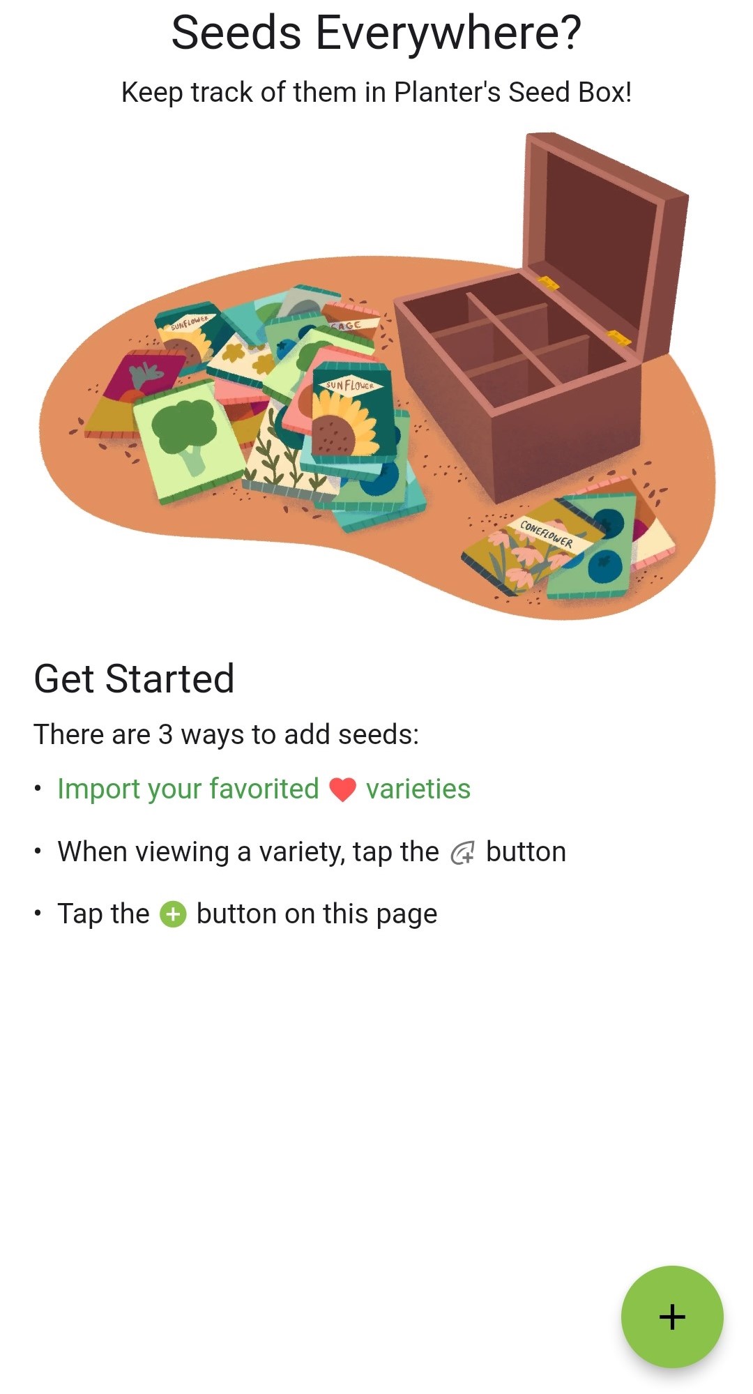 Screenshot of the plus sign button for adding seed packets to the Seed Box