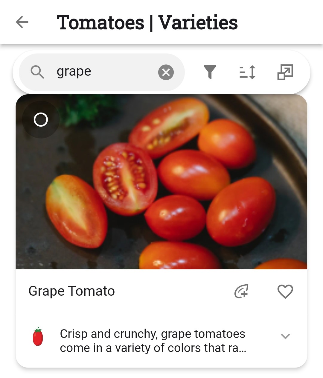 Screenshot of the Varieties tab search bar with grape added