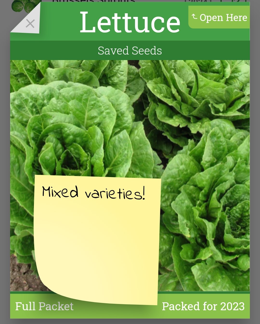Screenshot of the seed packet view with the Open Here button