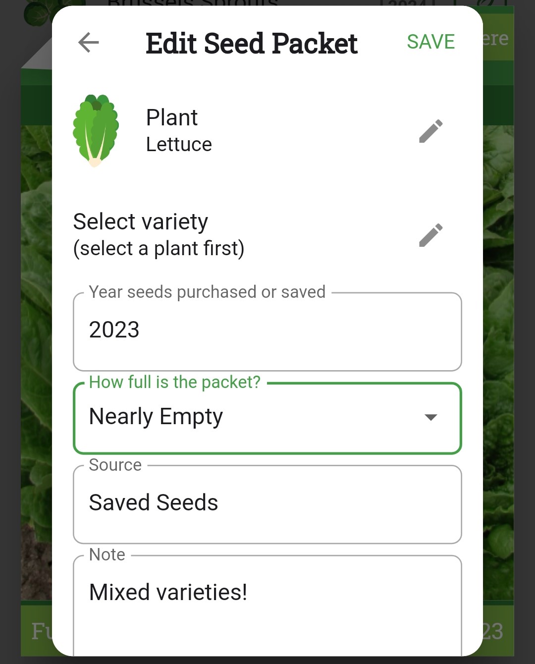 Screenshot of the seed packet editing view